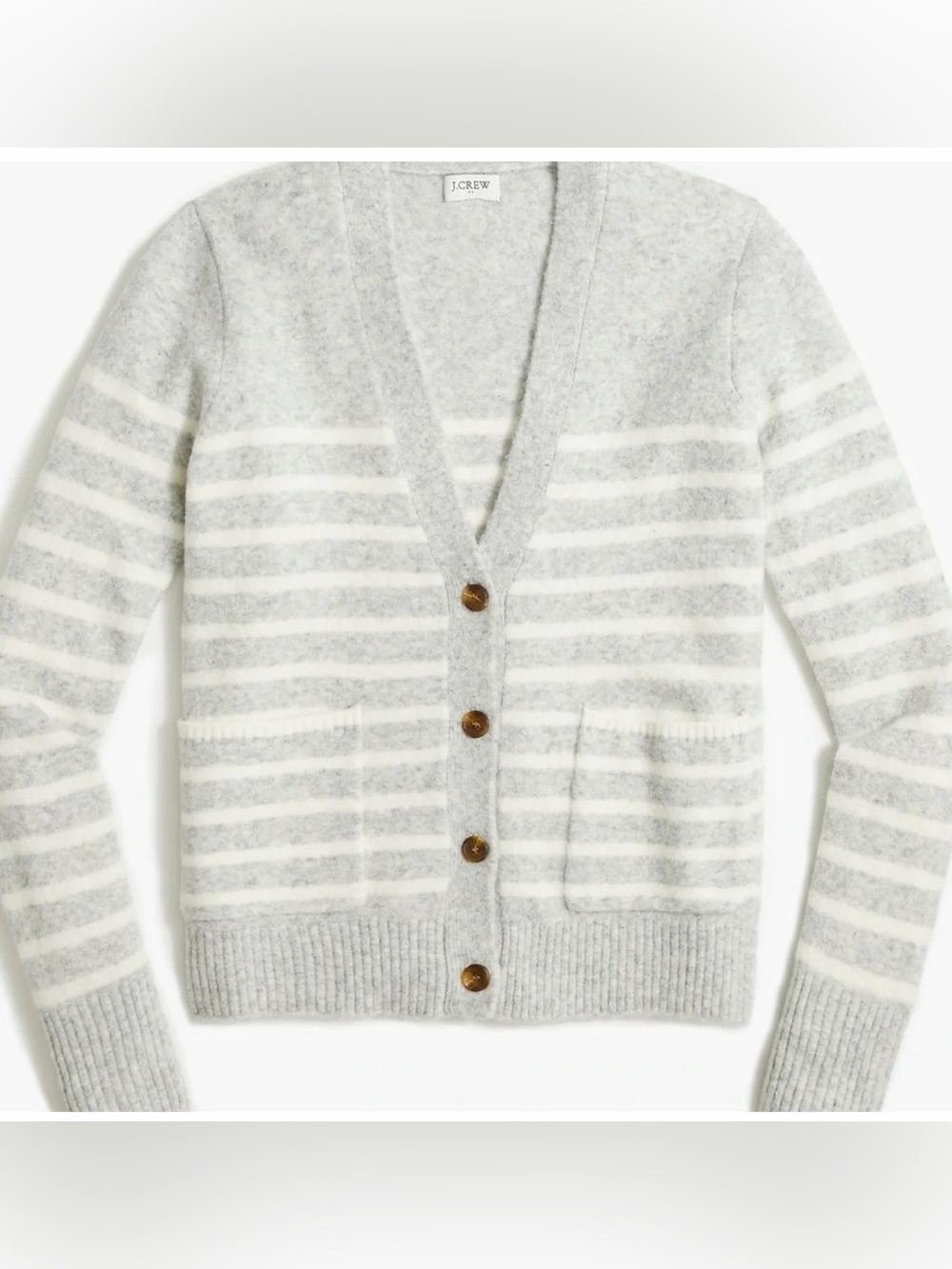 J. Crew Gray and White Striped V-Neck Button Cardigan